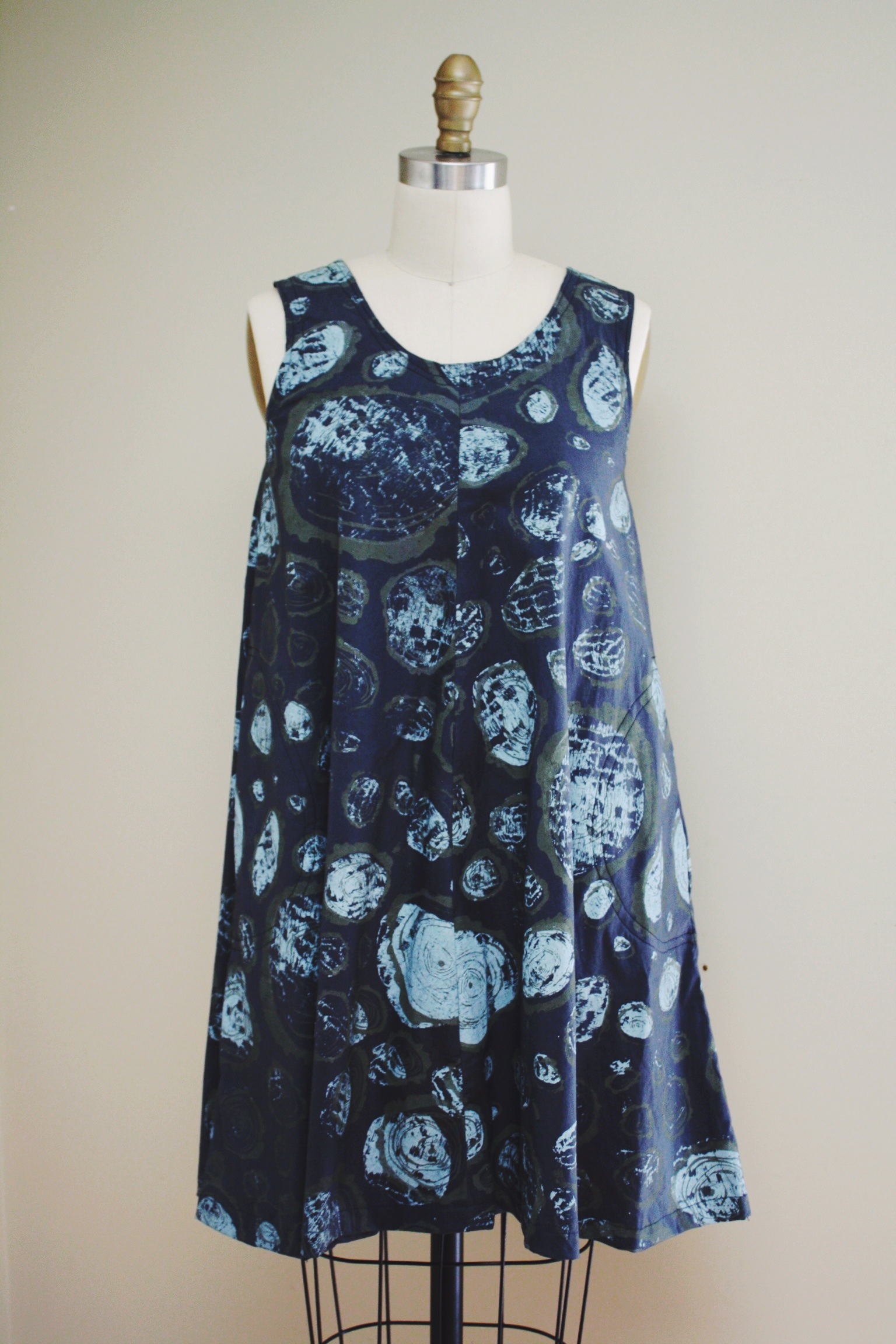  dress constructed from hand dyed and printed cotton 