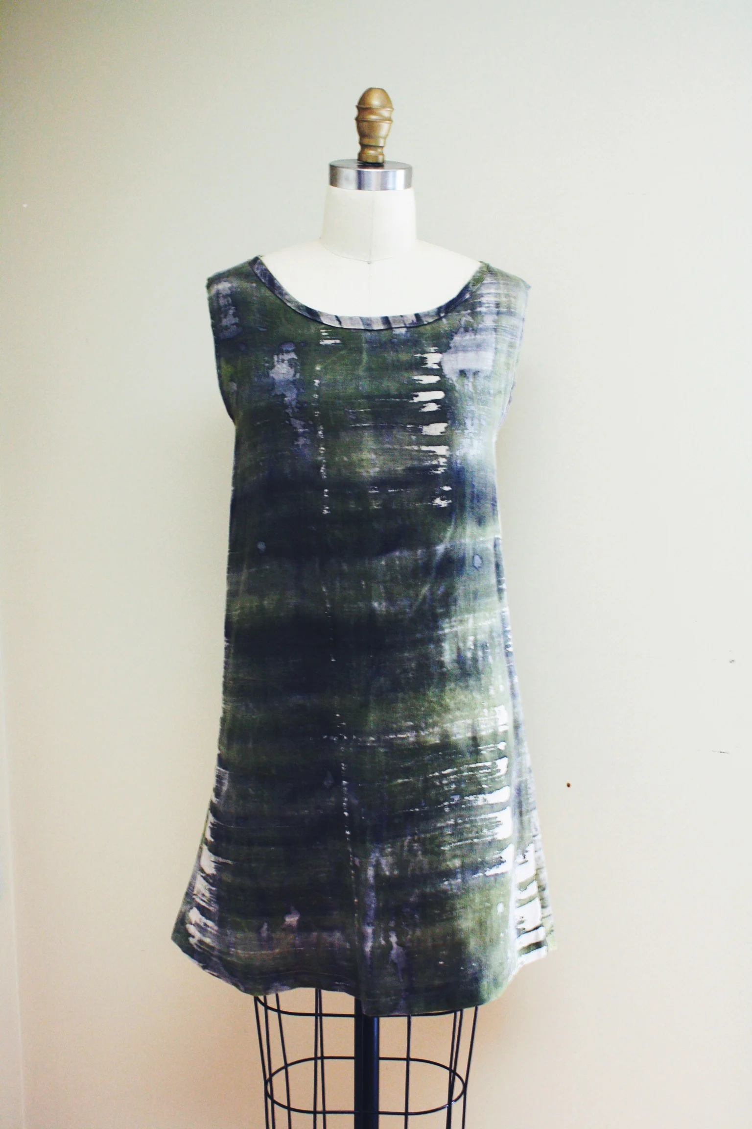  dress constructed from hand dyed linen using wax resist techniques 