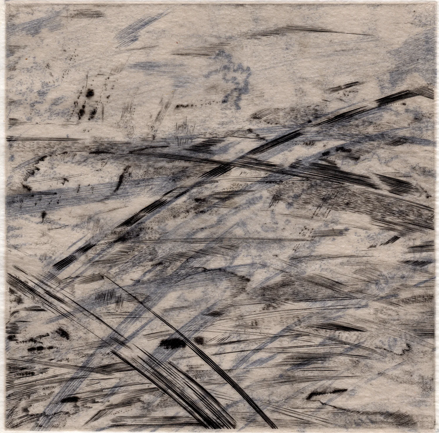 From "Crossed Paths" series, engravings on gampi papers, 7" x 7"