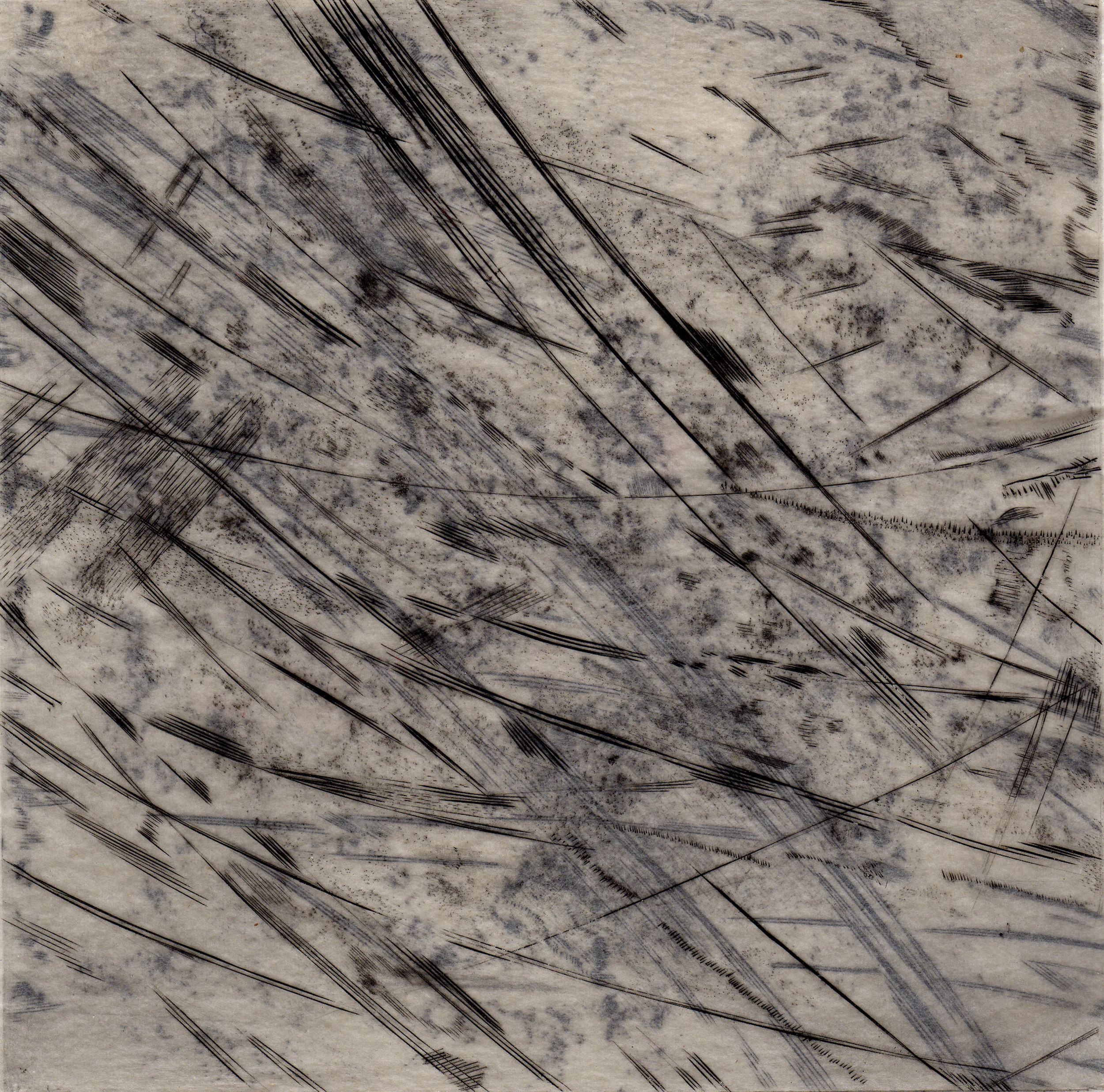 From "Crossed Paths" series, engravings on gampi papers, 7" x 7"