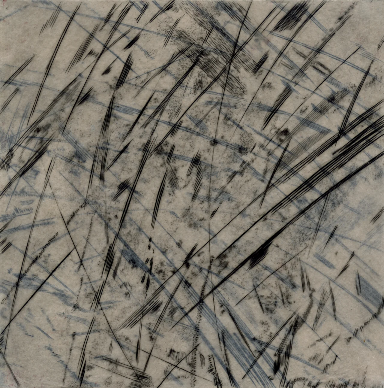 From "Crossed Paths" series, engravings on gampi papers, 7" x 7"