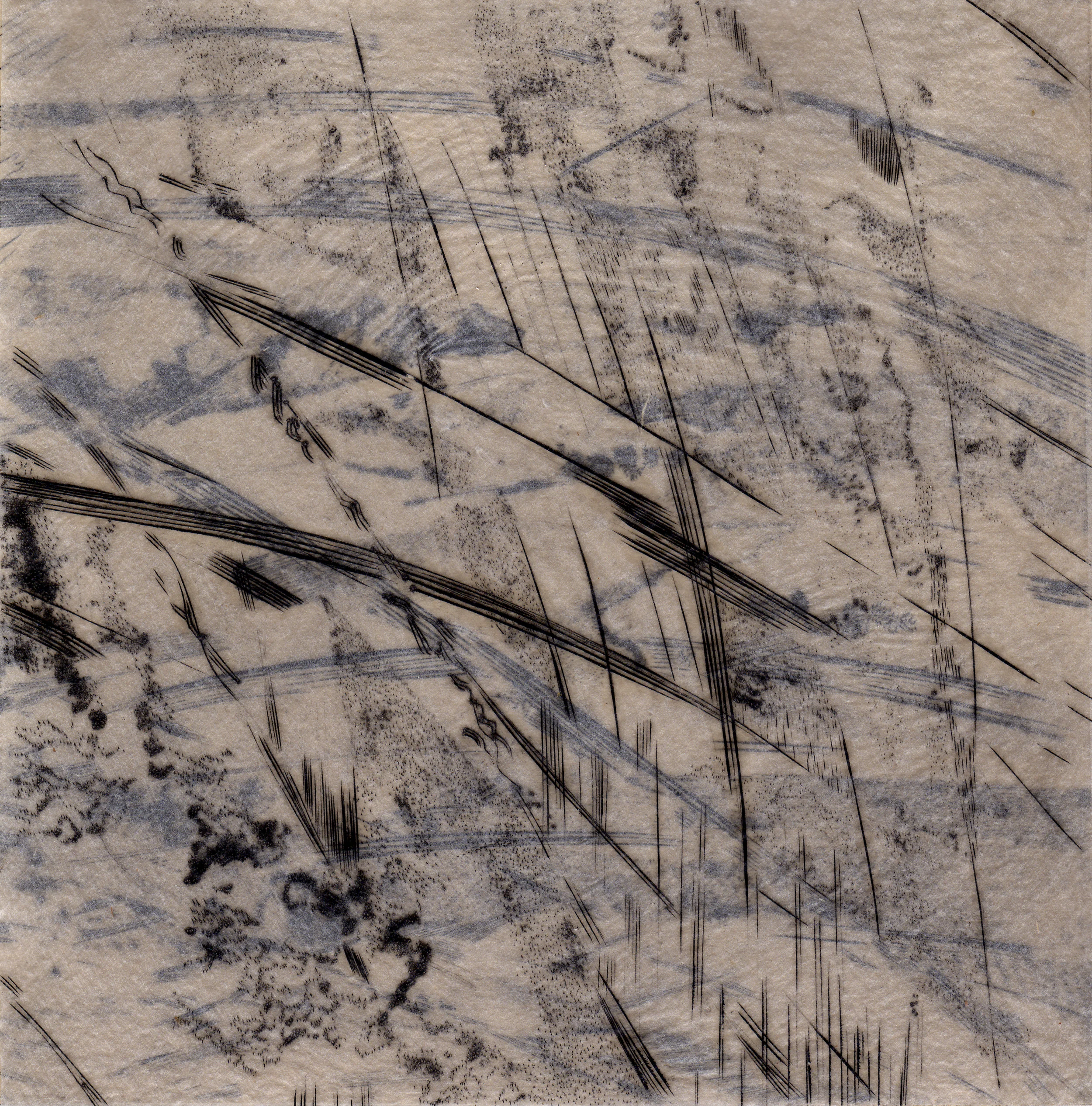From "Crossed Paths" series, engravings on gampi papers, 7" x 7"