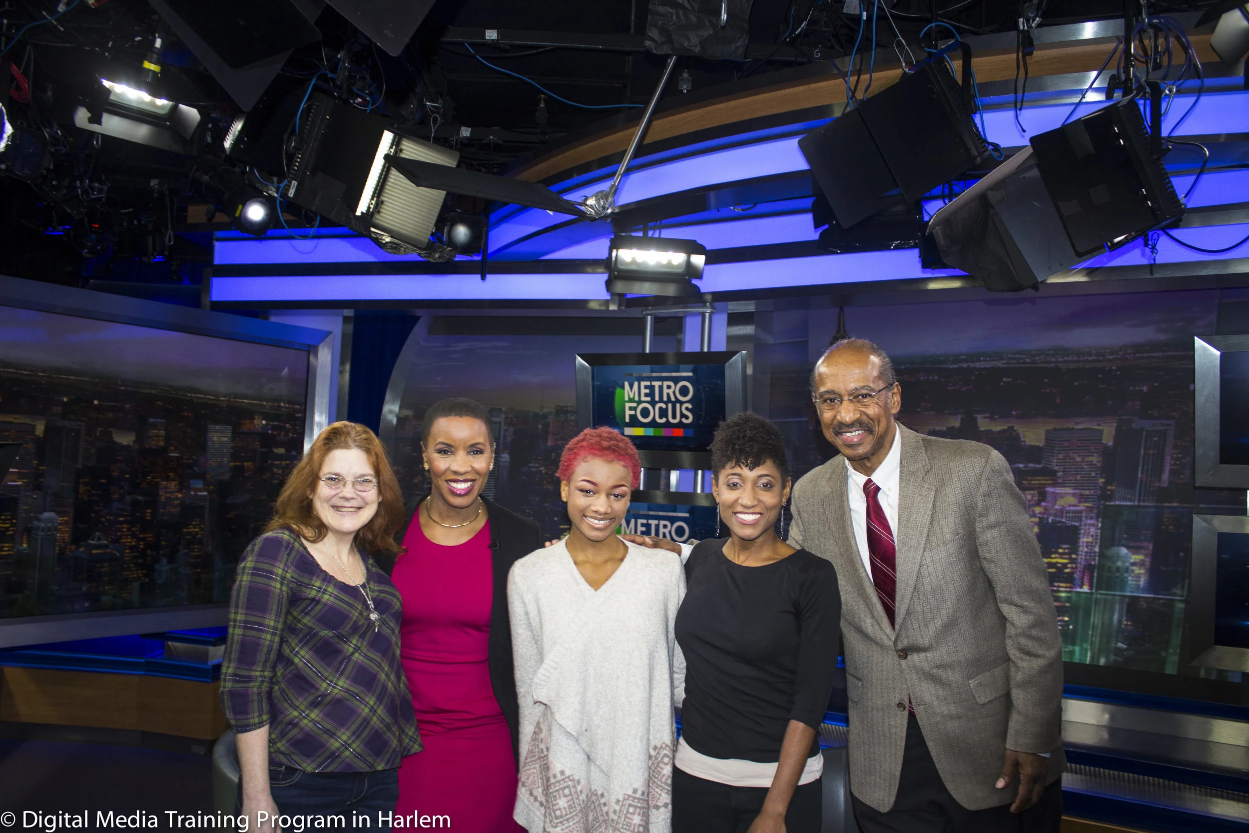 New Explorers High School teacher Joann Mariani, Jenna Flanagan, Aryon Holley and Jinah Parker, Digital Media Training Program Director Melvin McCray on the set of WNET's MetroFocus.jpg