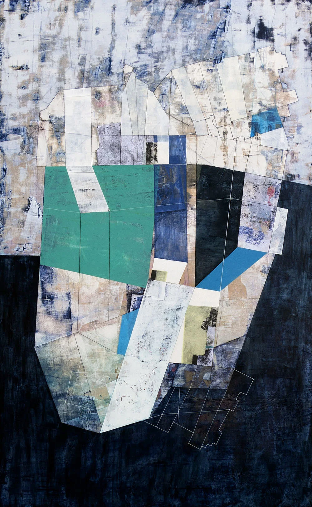   Leaving in Place , 2018,  mixed media on panel,  32”w x 52”h 
