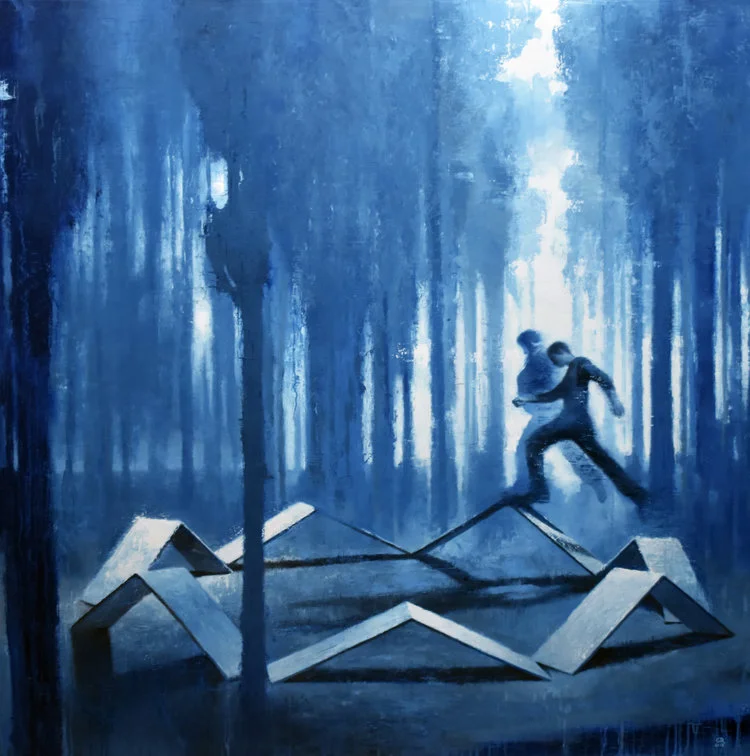   The Technology Race , 2018, oil on panel,  52"w x 52"h 