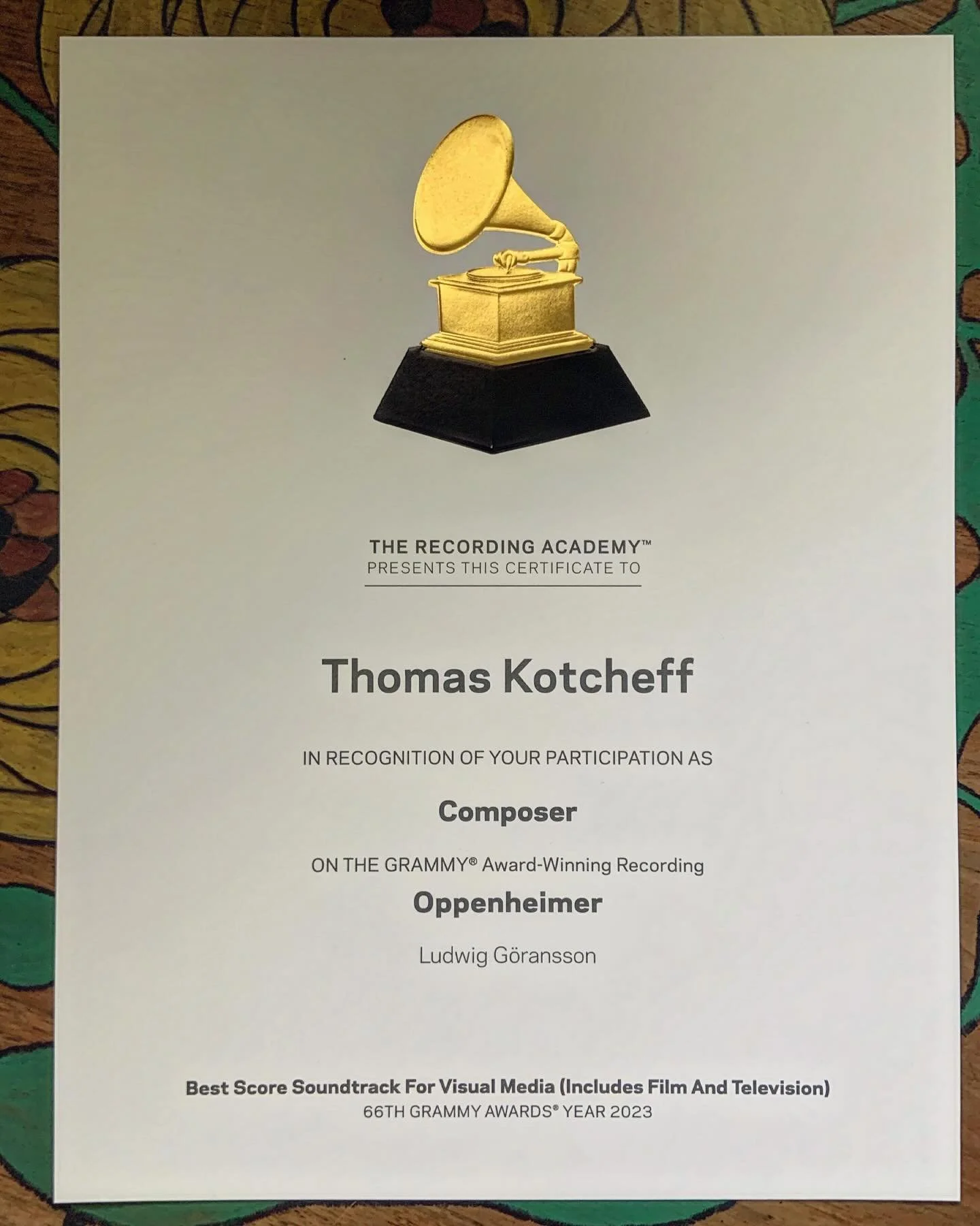 @recordingacademy certificate arrived in the mail today! So incredibly proud of this score and this movie! 😊🎶