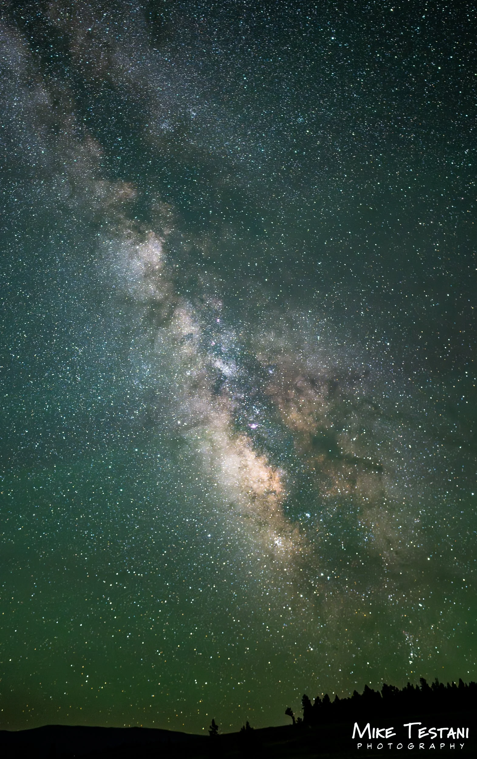 Shot of the night sky showing the Milky Way galaxy with a silhouette of trees and hills at the bottom.