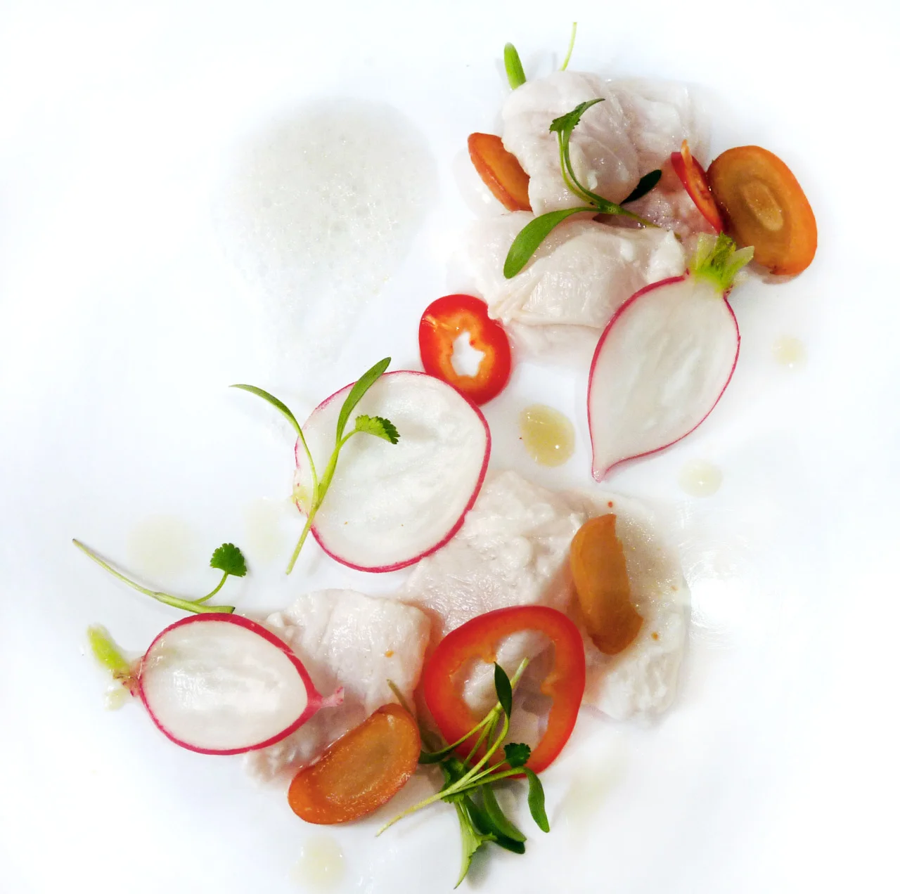 california halibut cevichewith fried butter beans &amp; leche de tigre foam
Another view.