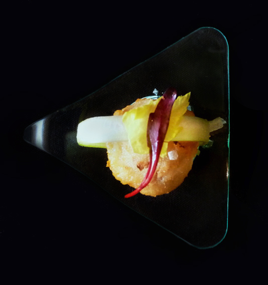 fried foie graswith celery ribbon, maldon sea salt, meyer &amp; lemon
Another view.