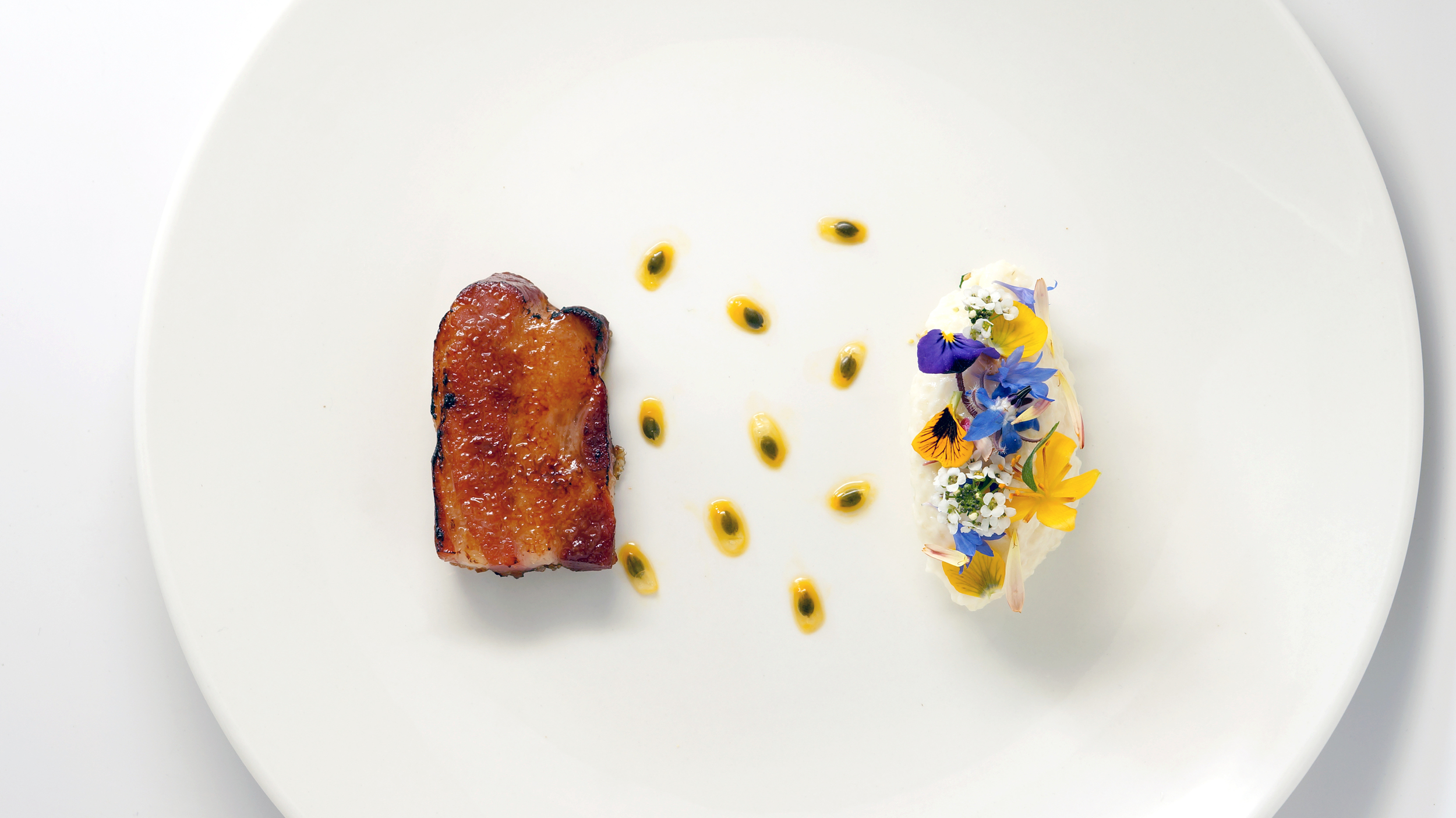 pork belly brulee | passion fruit - flowers from the garden - carolina gold rice pudding