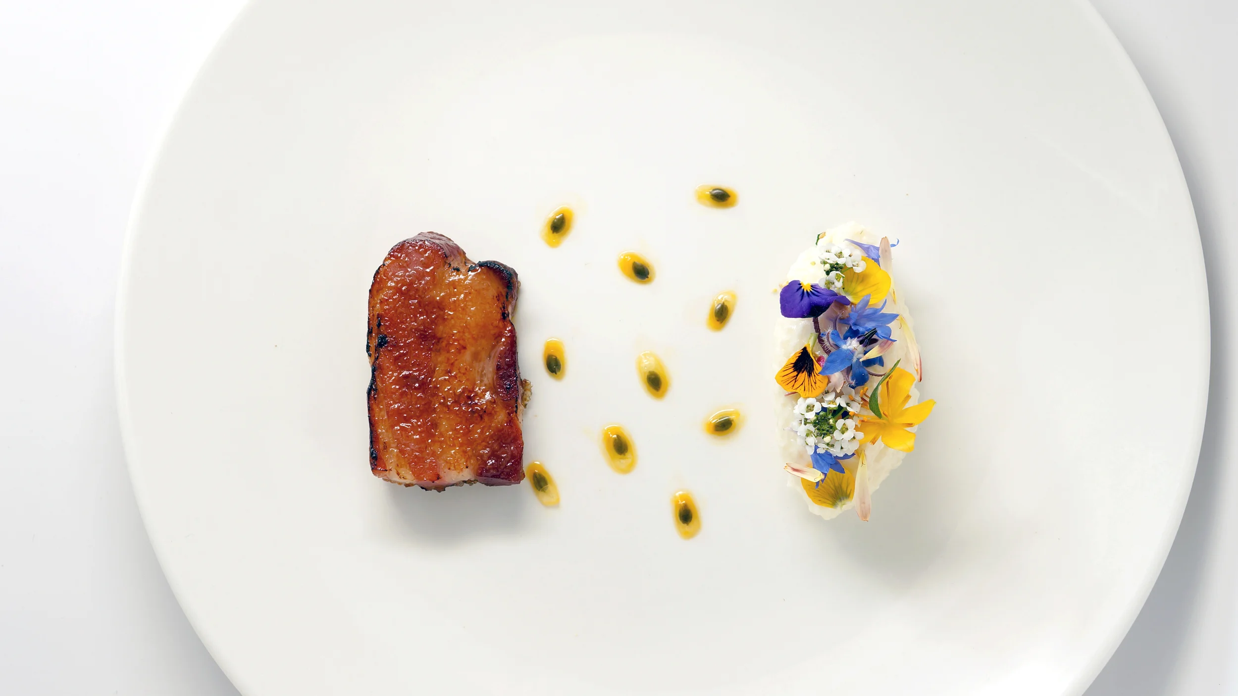 pork belly brulee | passion fruit - flowers from the garden - carolina gold rice pudding