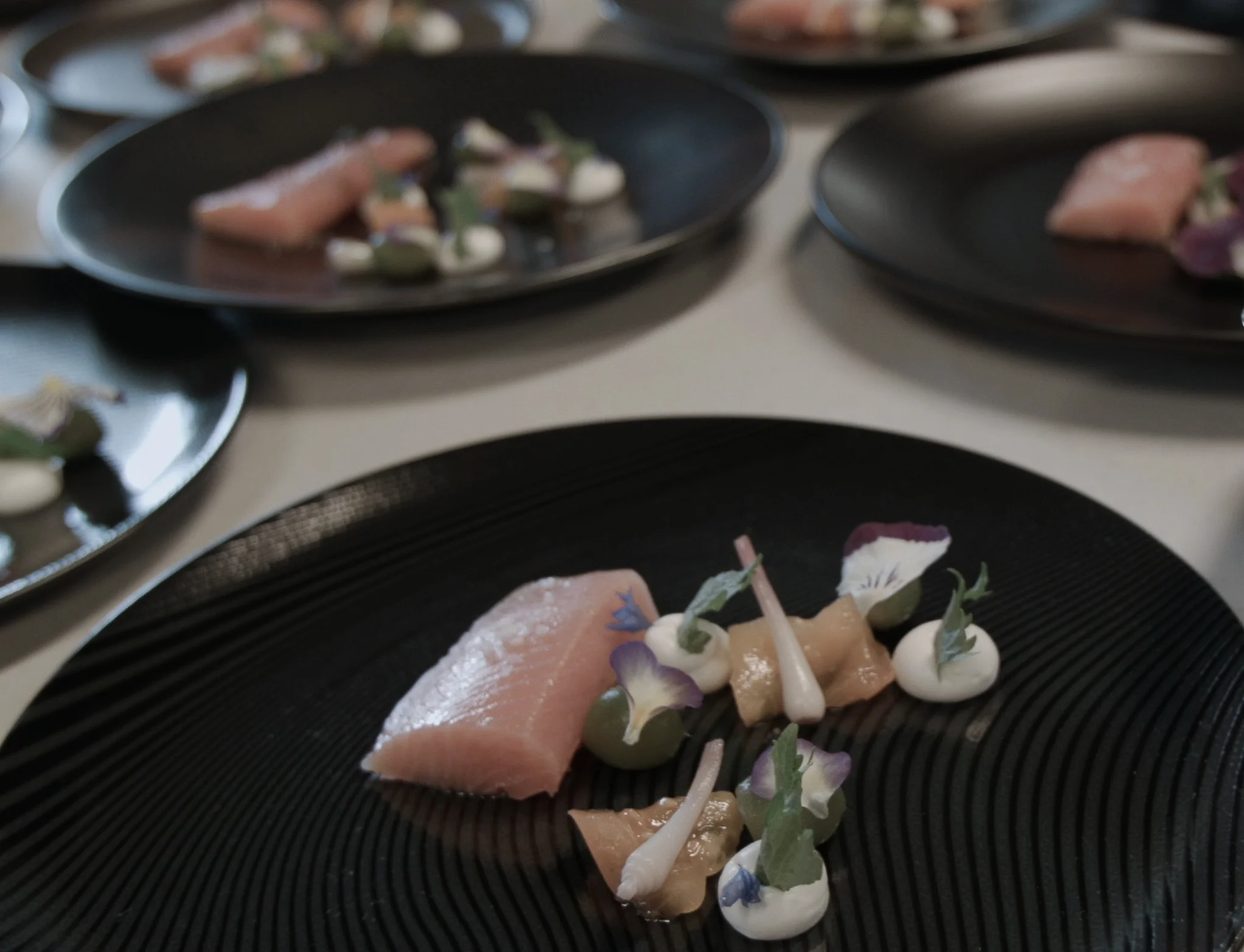  Plating the trout. We use a variety of black plates so that every guest receives a unique dish. 