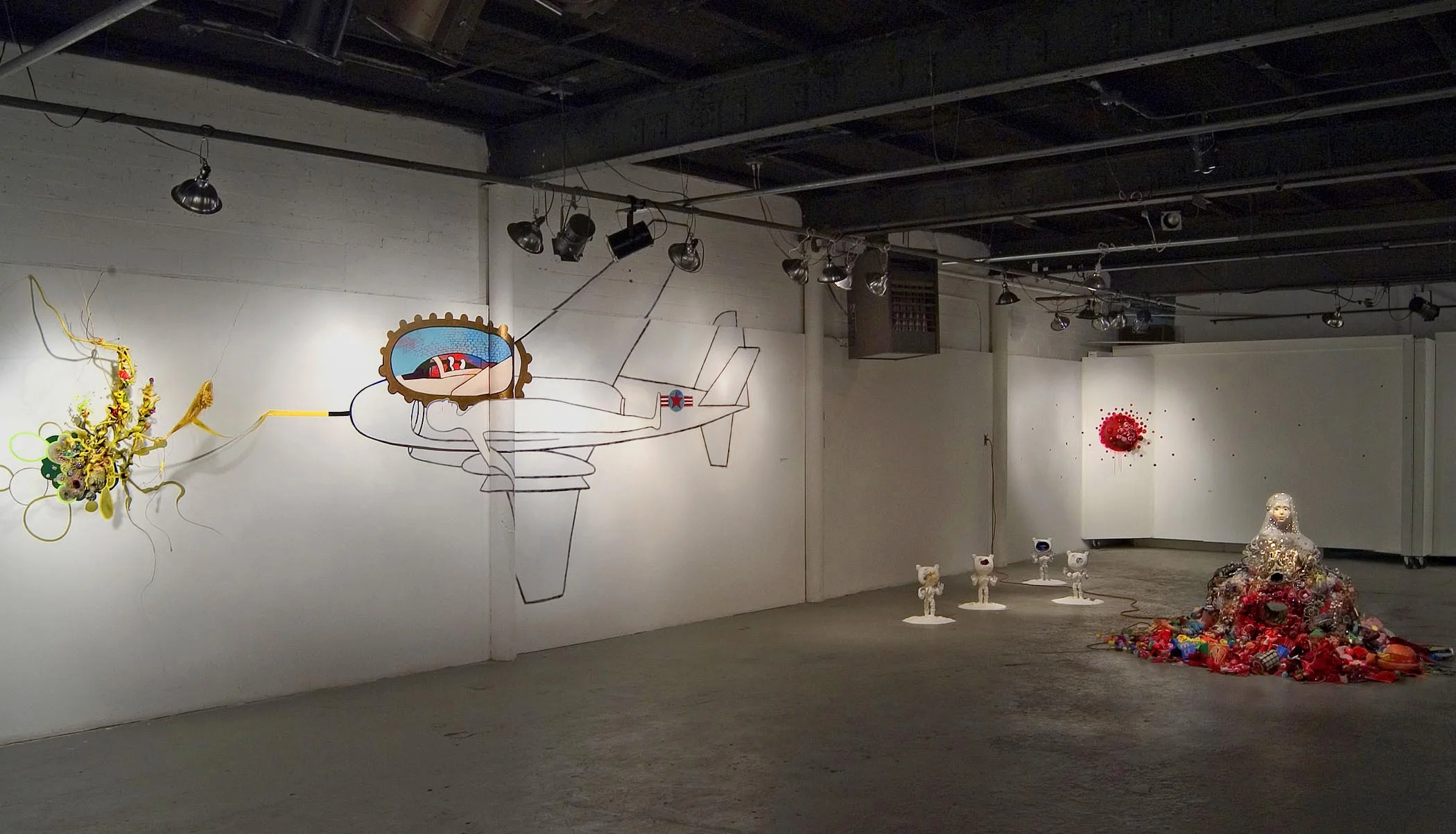Too Much Candy, 2004. Installation at Living Arts, Tulsa, Oklahoma. Included in this view: The Princess, Extreme Soldiers, Wound & Virus-Astrodeath. *This exhibit was made possible with a grant from the Andy Warhol Foundation. 