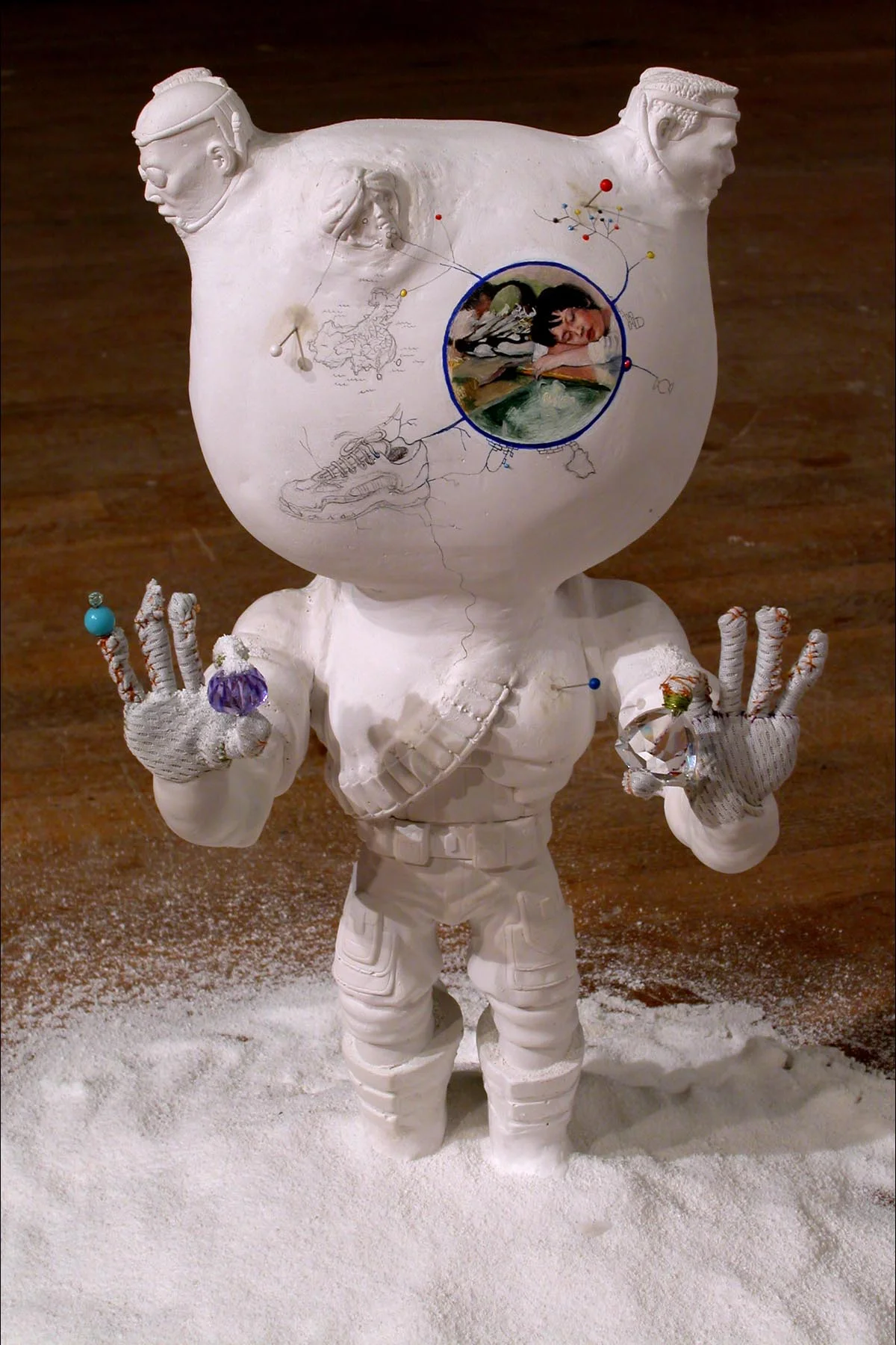 Extreme Soldier (Worker) , 2004. Installed at Living Arts, Tulsa, Oklahoma as part of Too Much Candy . Plaster, oil paint, fabric, thread, beads, detergent. Variable dimensions, about 22 inches tall. 
