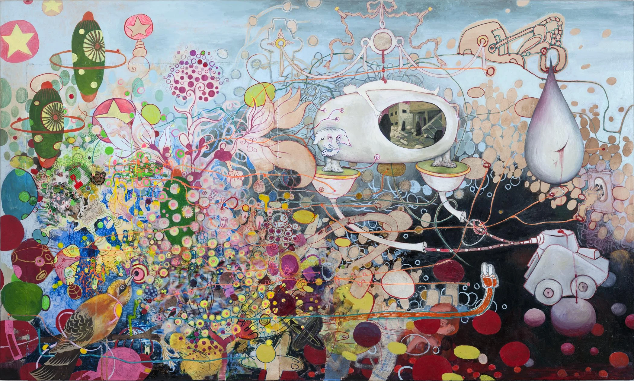We try Hard to Prove We Are Not Criminals 20017. 28" x 60", Oil paint, Sculpy, found materials on canvas.