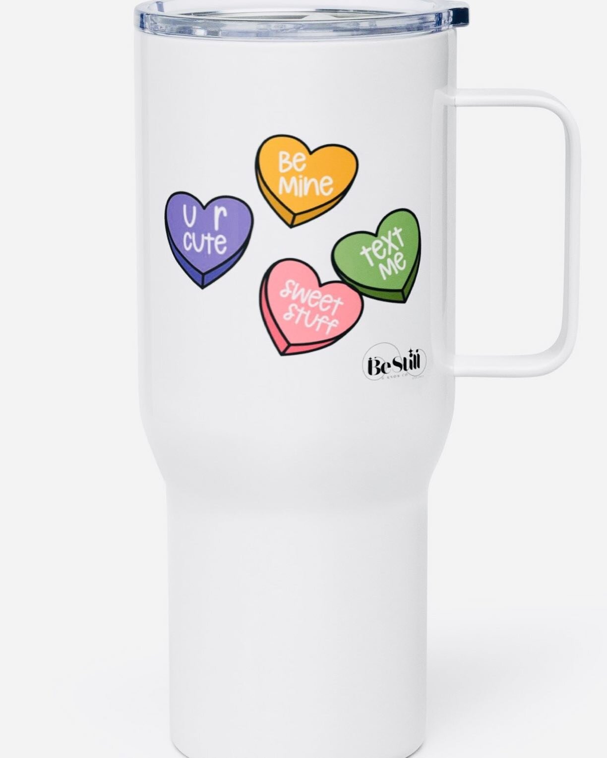 ***LINK TO SHOP IN BIO***. Our latest handled insulated coffee tumbler design is the center of every conversation. 😘 #bestillandknowco #vday #valentinesday #conversationhearts #bestill