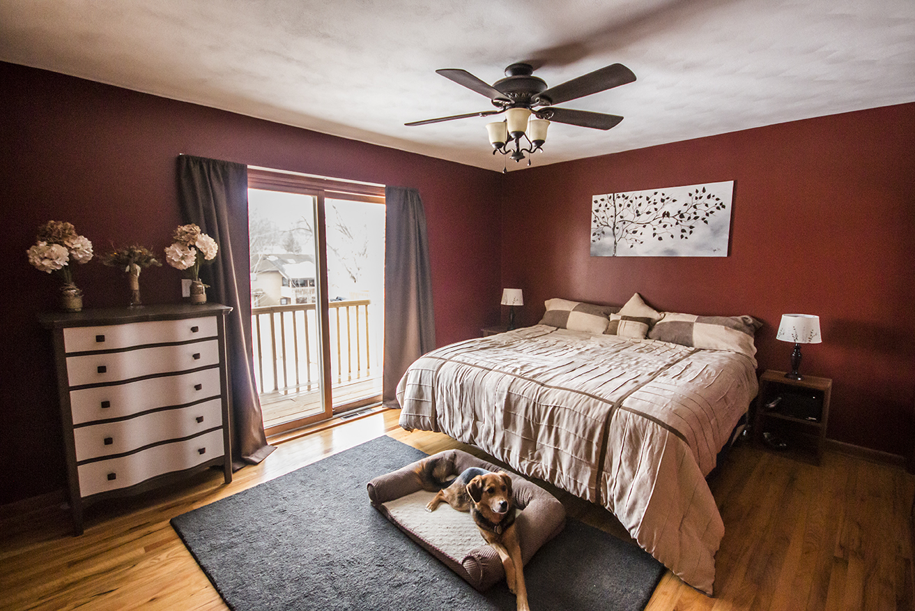 Changed: Dark red paint, dresser, rug, curtains, fan, bed, wall art, lamps