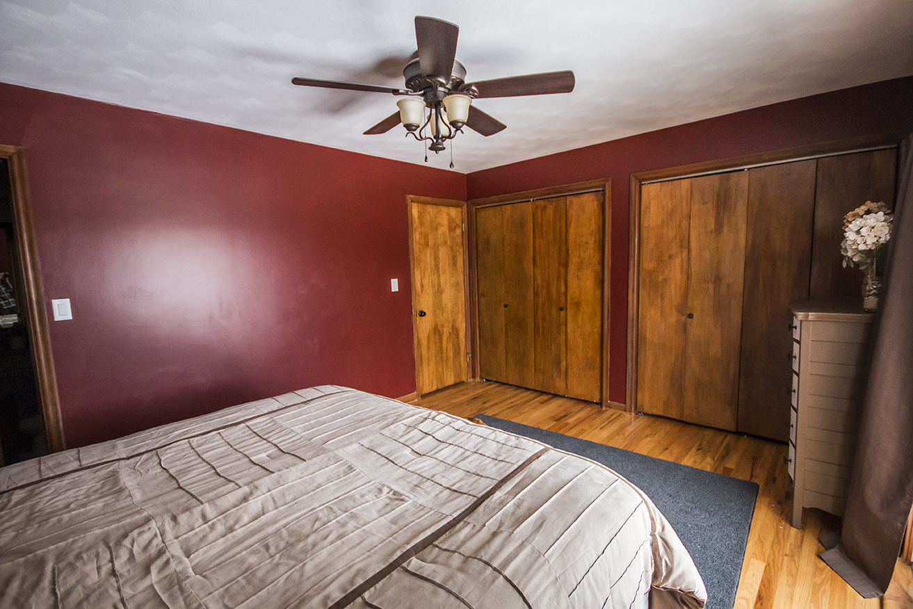 Changed: Dark red paint, bed, rug, door knob, closet door knob, fan, dresser, curtains.