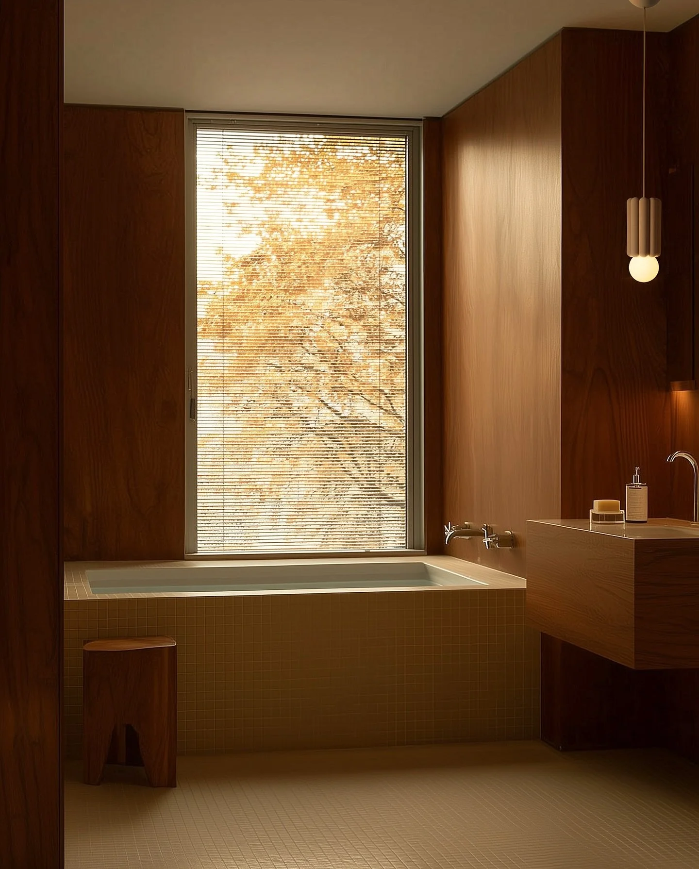 Framed by warm wood tones and soft autumn light, this bathing space invites a moment of quiet retreat.
Our Stucco lamp introduces a gentle sculptural presence &mdash; a small gesture of texture and warmth that softens the clarity of the space and giv
