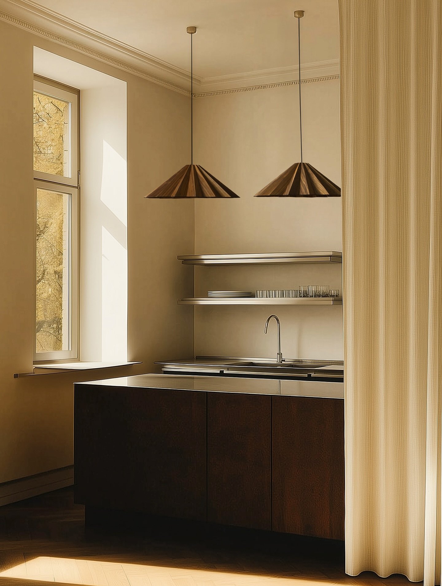 Set within a kitchen shaped by warm surfaces and nuanced material contrasts, the Stratus Lamp in walnut brings a layered presence: crisp geometry, subtle transitions, and light that moves gently across the grain. Its crafted folds echo the room&rsquo