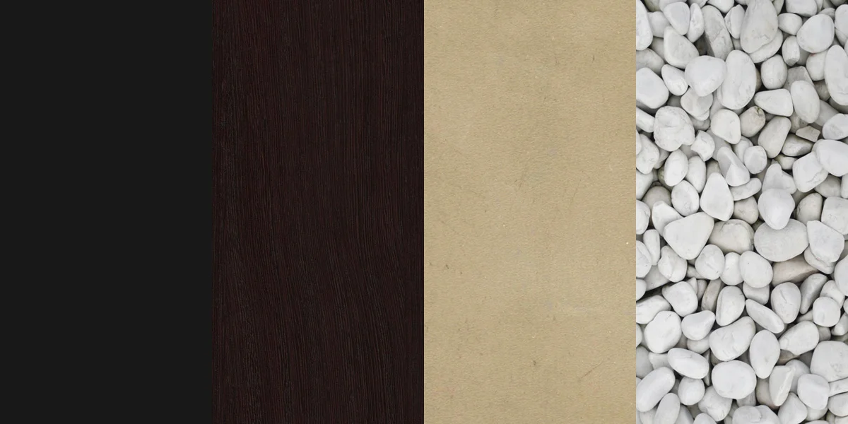 MATERIAL PALETTE (from left to right) 1. Black polished ceramic tiles 2. Walnut wood panels 3. Matte gold interior film 4. White pebbles