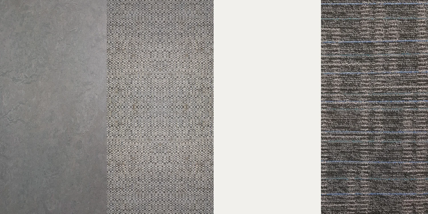 MATERIAL PALETTE (from left to right) 1. Marmoleum 2. Decotile 3. Off-white vinyl paint 4. Carpet tile