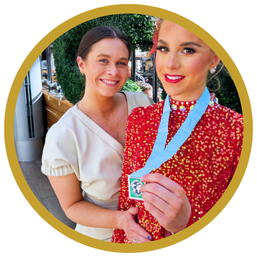Claire Jalbert, Kelly Irish Dance teacher with student at World Championships