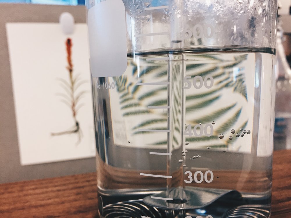 Water is heated and pressure forces water up through glass tube