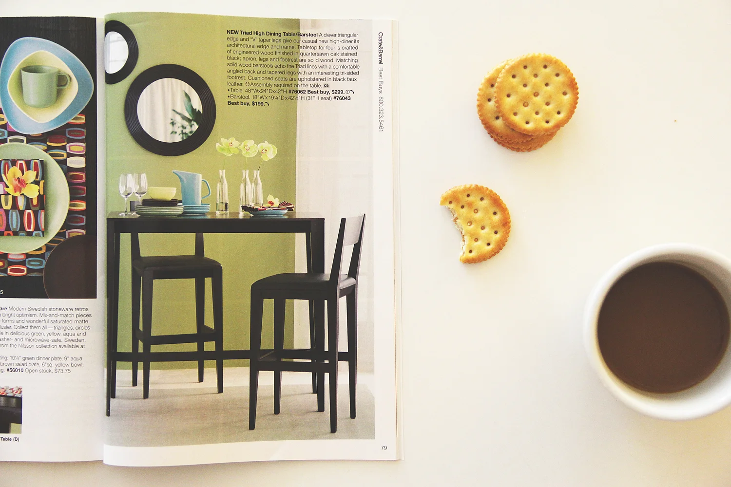 Triad counter table and barstool 2009 -- Crate and Barrel Veneer, solid wood and upholstered seat (Catalog photo credit: Crate and Barrel) 