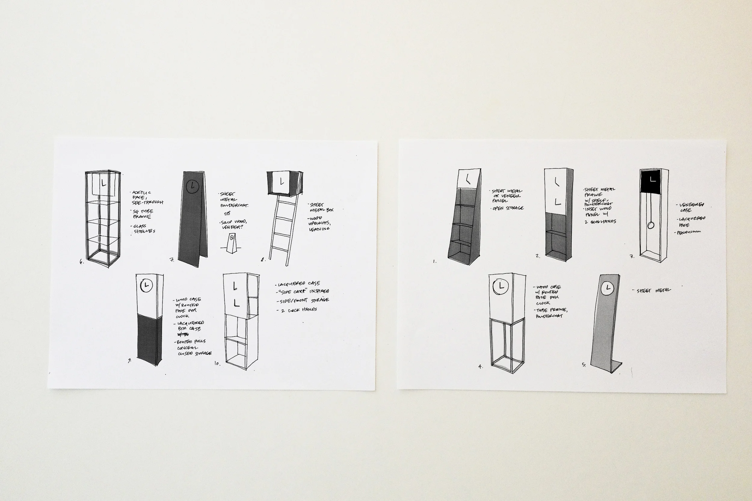   Initial sketches for modern grandfather clock  2013   (link)  CB2 website  