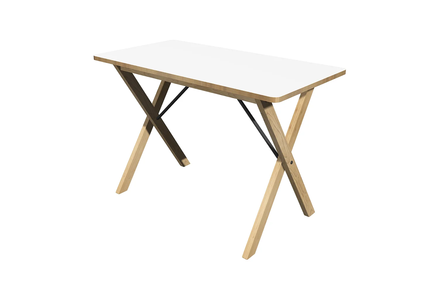   Frank counter tabl e for CB2 -- Stacked plywood top, solid wood legs and metal crossbars  
