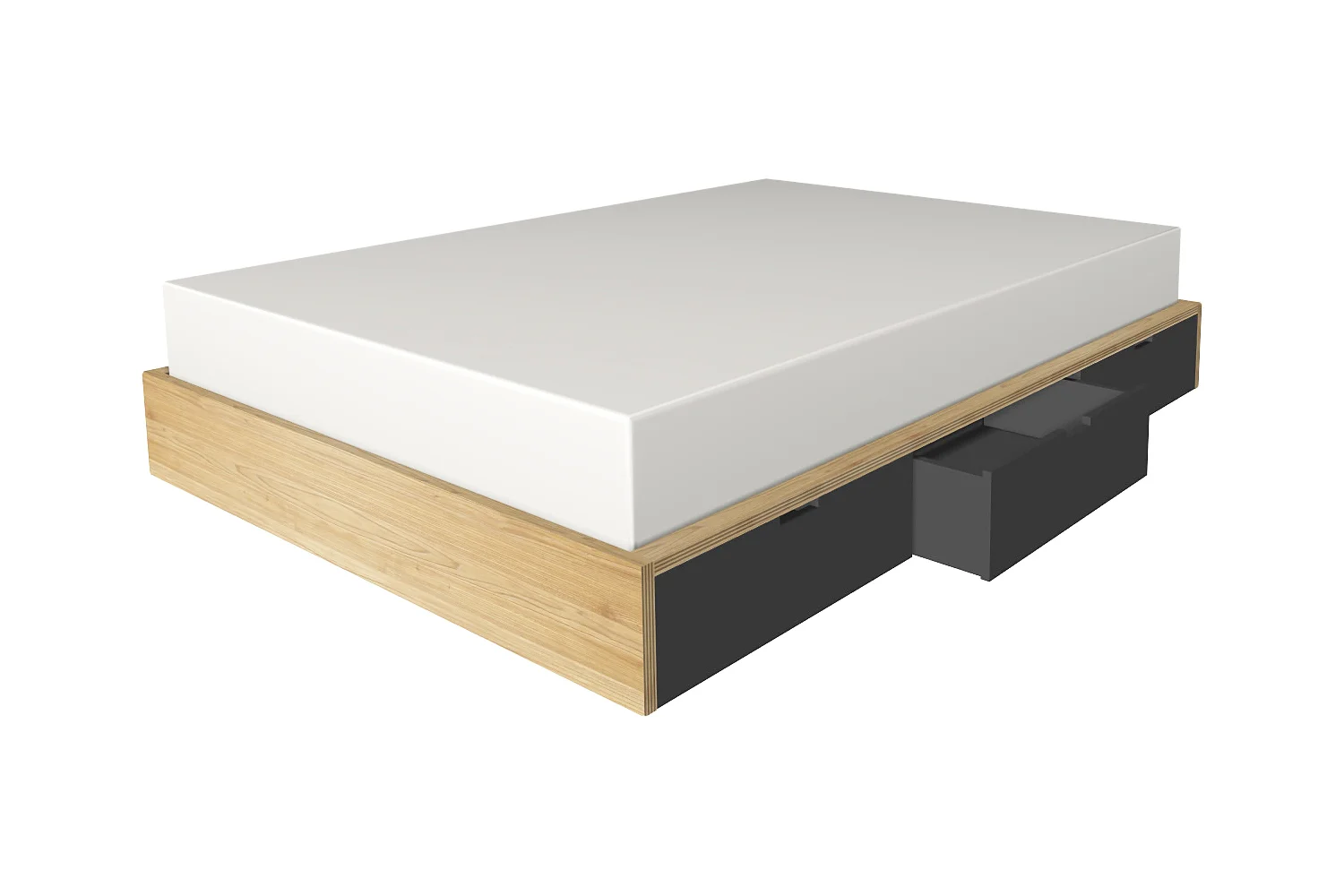   Stowaway storage bed  for CB2 -- Stacked plywood and lacquered MDF drawers  The end product was featured with chalkboard drawer fronts, and currently offers a monochromatic white option.  