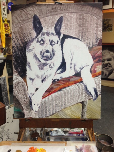 I started by roughing in the background, quickly rendering the wicker chair. Then I started in with the darker shadows.