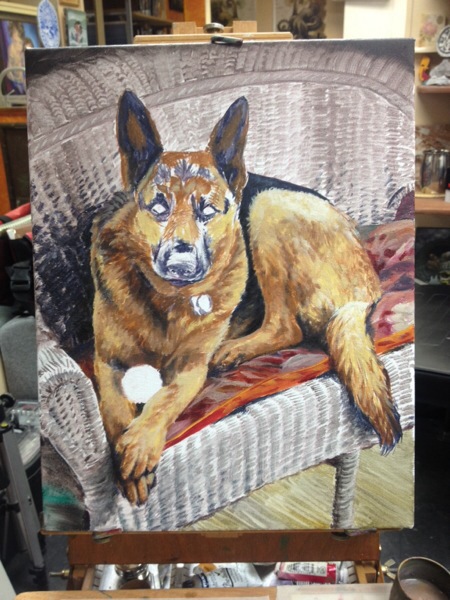 Once I was comfortable with the chair I began blocking in the color of the dog.