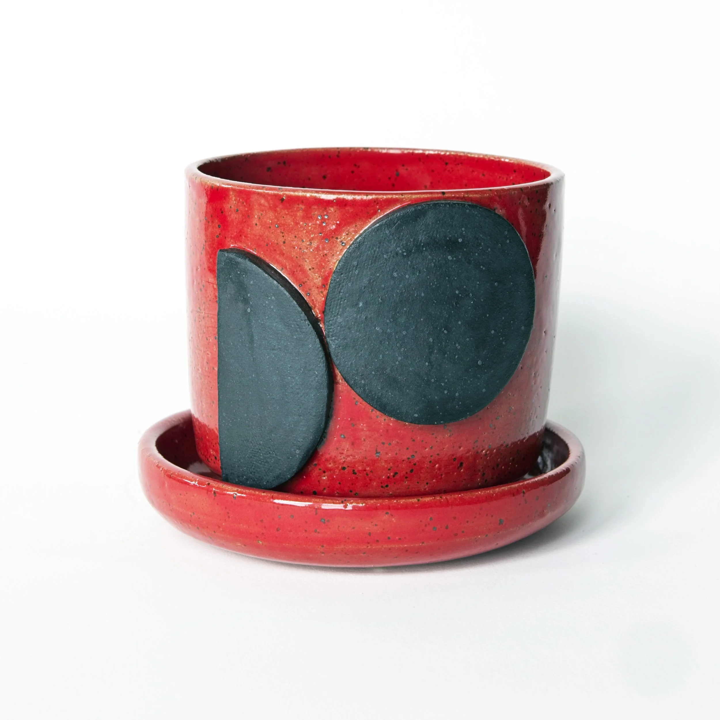 Black and red ceramic desk planter with matching saucer, handmade geometric design