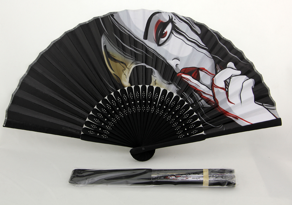 Black hand fan featuring Death is Silent illustration of a woman shushing with blood and skull face.