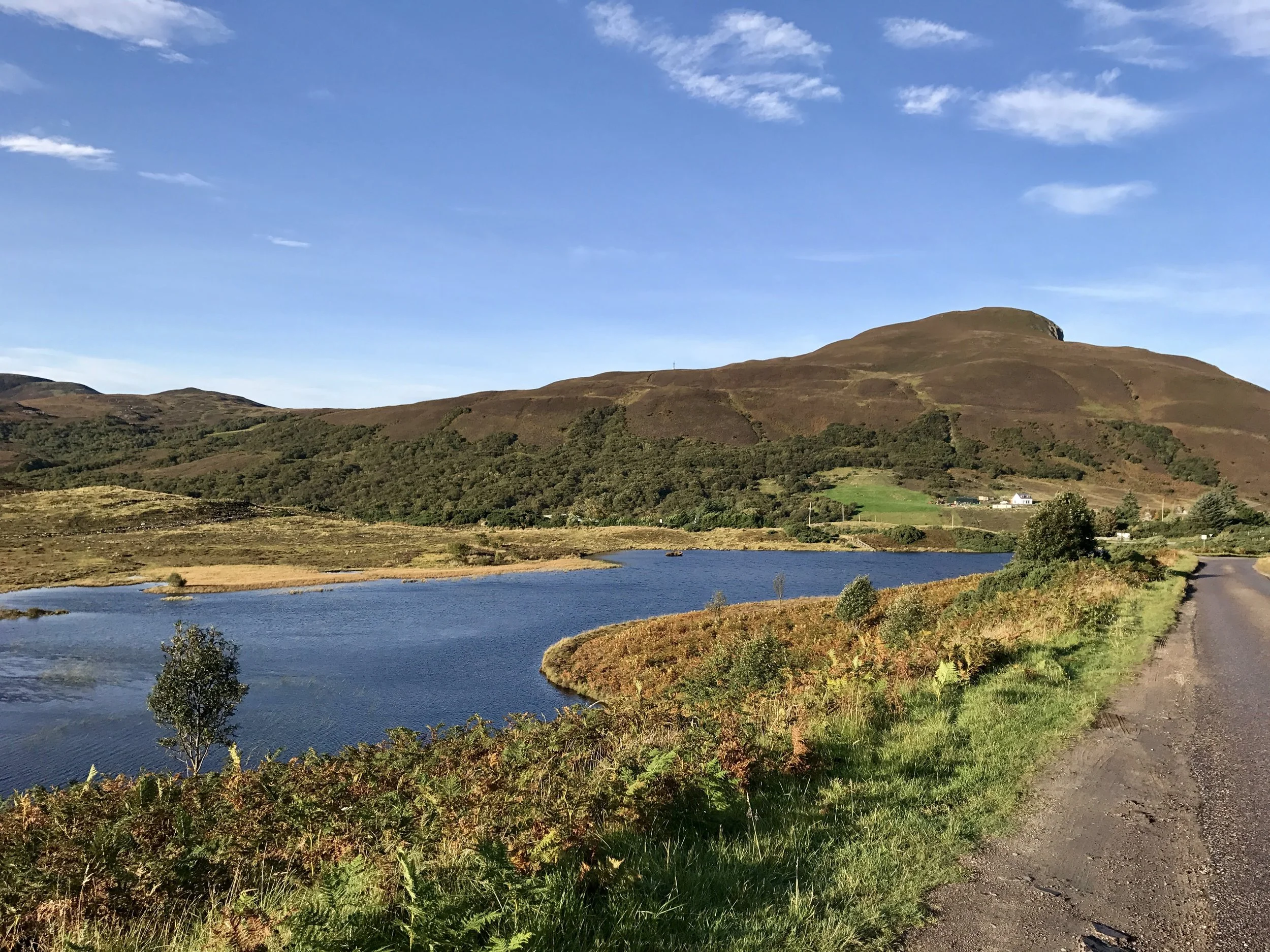 Heather, peat, and lochs under blue sky.