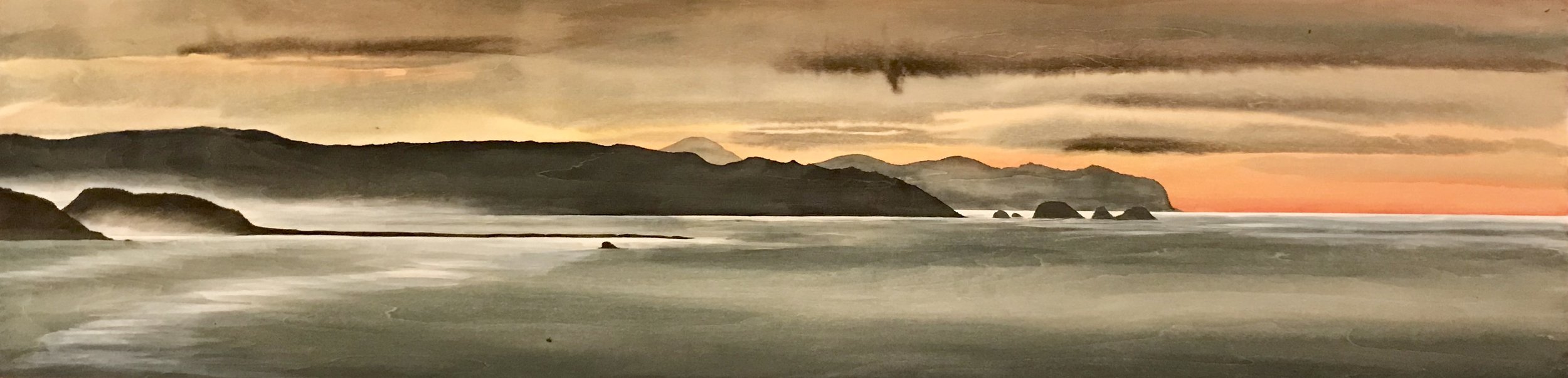 Acrylic ink on wood. 12" x 48" (Up close you can see the wood grain through the ink.)