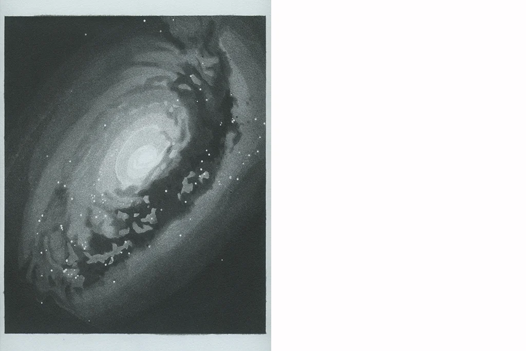Ink Drawings 2016 Images of galaxies from the Hubble Space Telescope were rendered with sprayed India ink onto paper. The smaller drawings used photographic images as stencils, while the larger drawings were done by eye using hand cut masks. M64 25x32cm 