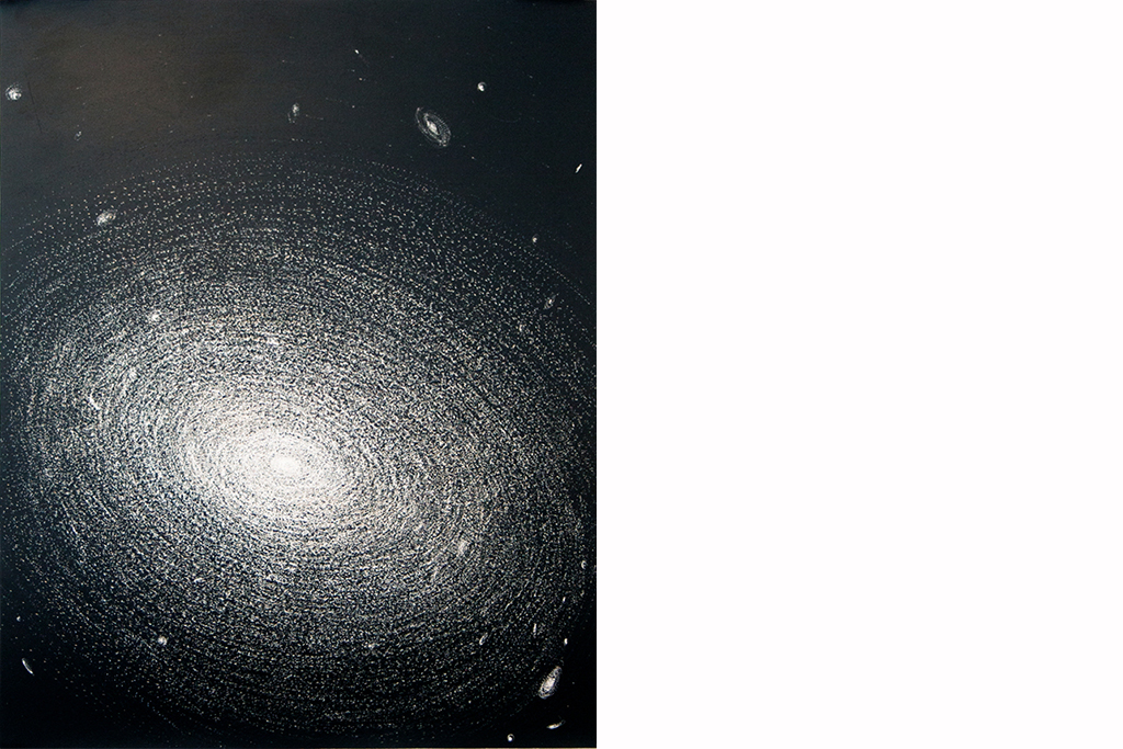   Galaxies &nbsp;&nbsp;&nbsp; 2016  Using an electric engraver, images of specific galaxies were scratched into black sheet metal exposing the bright metal beneath.  Largest:&nbsp;&nbsp; 22 x 30cm   NGC 1132  