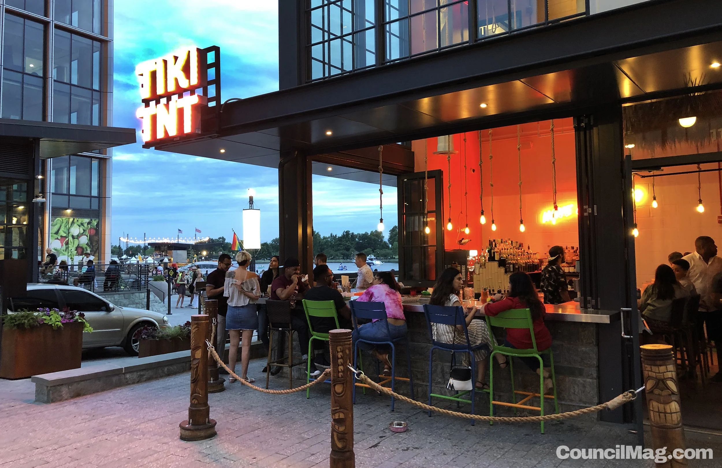 The bar on the main level of Tiki TNT extends outside when temperatures allow.