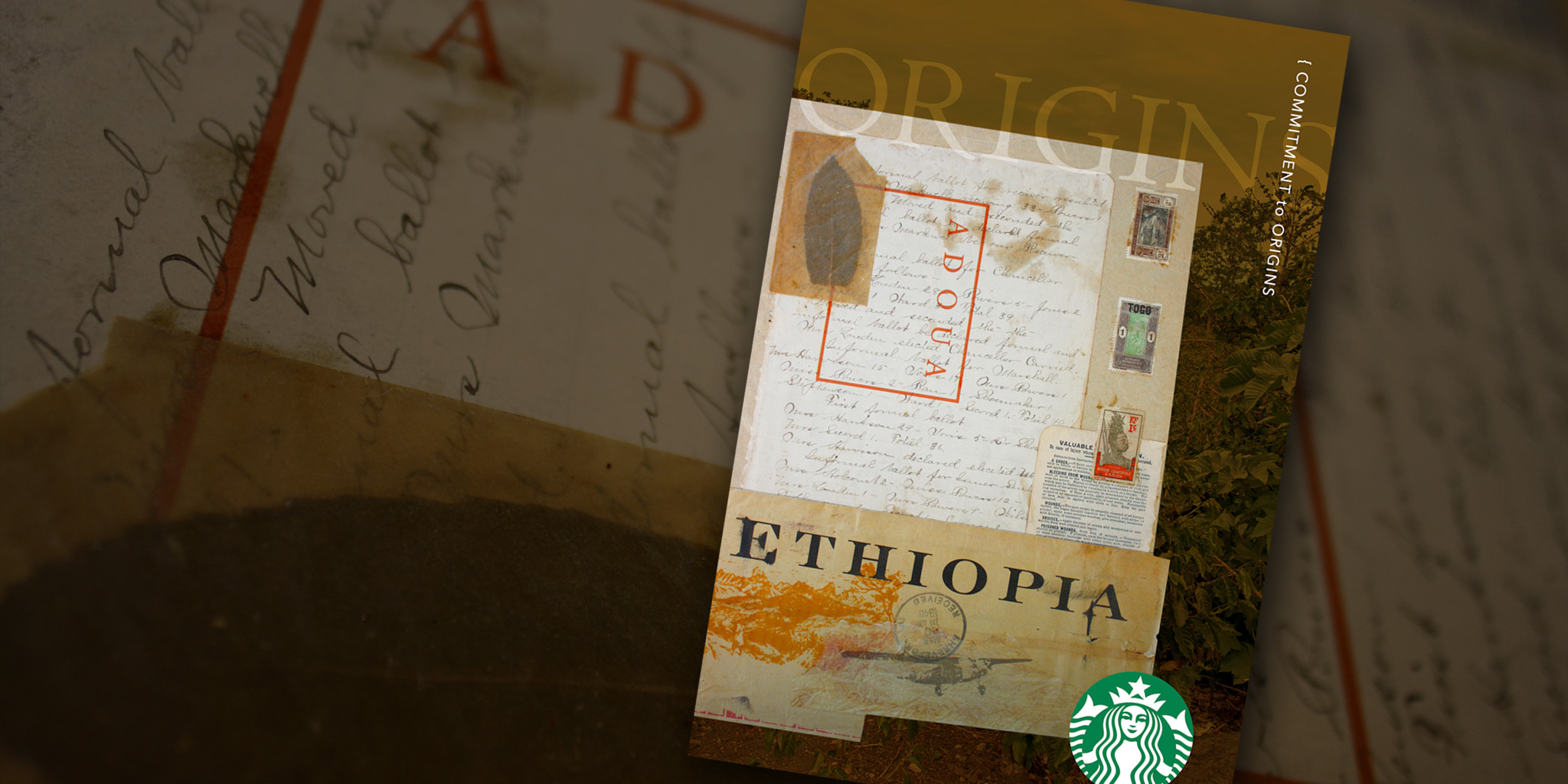 POSTER Starbucks Coffee For the Commitment to Origins line of coffee for the global leader in coffee, this was one of several posters in a series that captured the birthplaces of coffee. The mix of ephemeral pieces from the various countries collide to present a modern result.