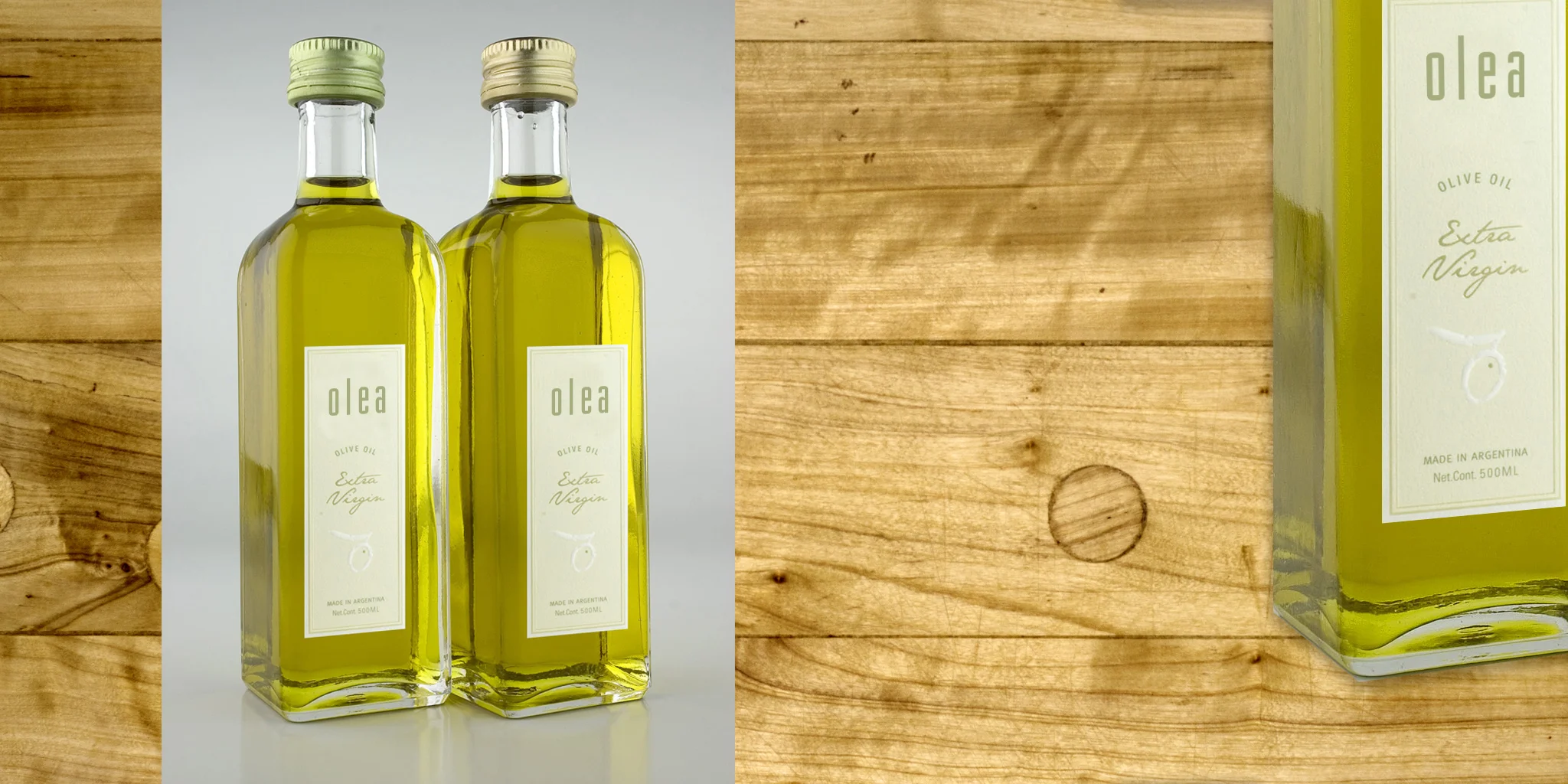 PACKAGING Olea Olive Oil Argentinian farmers and vineyards of Olea, needed a package that would showcase the exquisite quality of their oil and convey the freshest ingredients. The design solution was to keep as much of the product visible as possible. Light colors and typography accented the crisp and sophisticated touch for the culinary customers.
