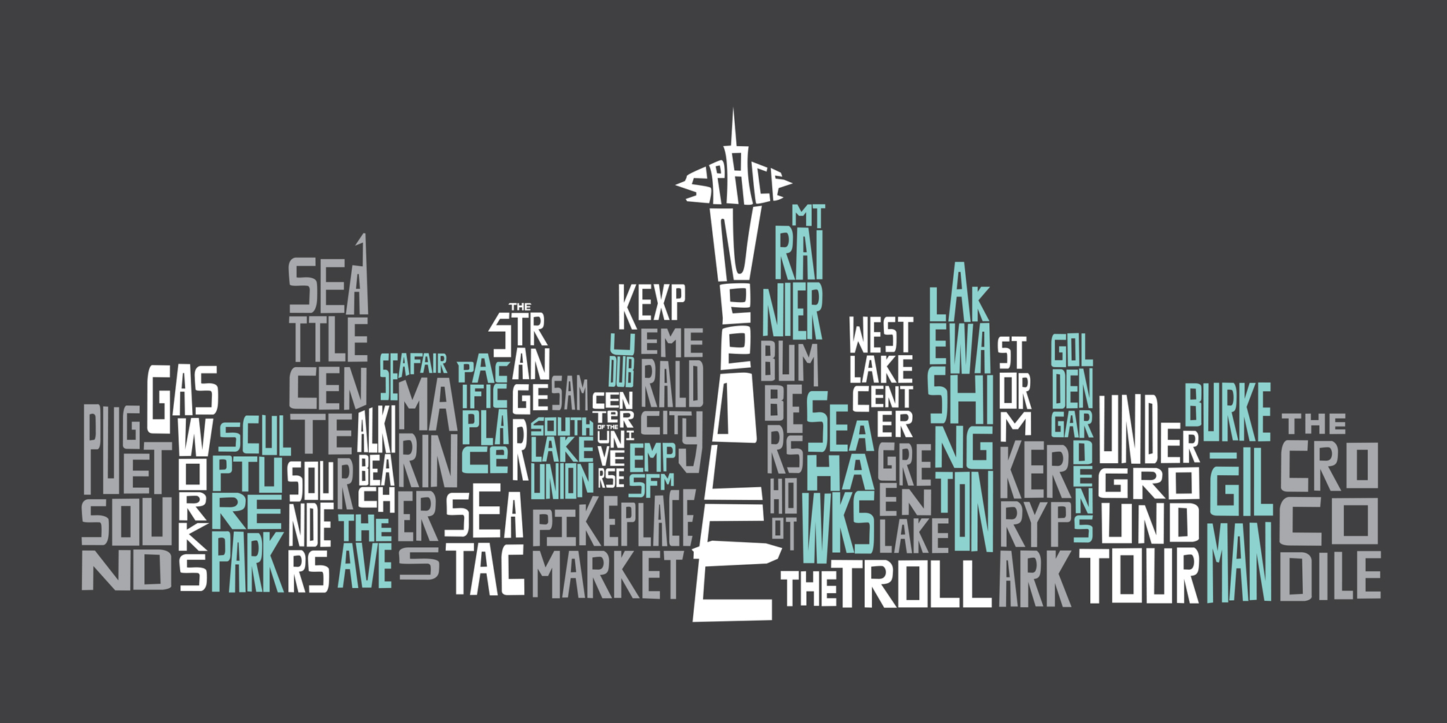 POSTER Red Sparrow Design This promotional retail poster captures the favorite neighborhoods and highlights of Seattle while the use of Illustrative typography personified The Evergreen City as a dynamic and friendly destination.