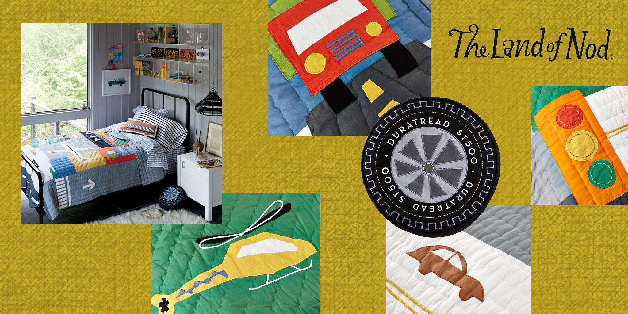 ILLUSTRATION & PRODUCT Land of Nod The national children's store needed a new quilt and pillow update to their proven and successful transportation category. We delivered a whimsical and colorful solution with fun shapes and textures depicting the bustling urban machines. A quilt, sheets and coordinating tire and truck pillows were produced.