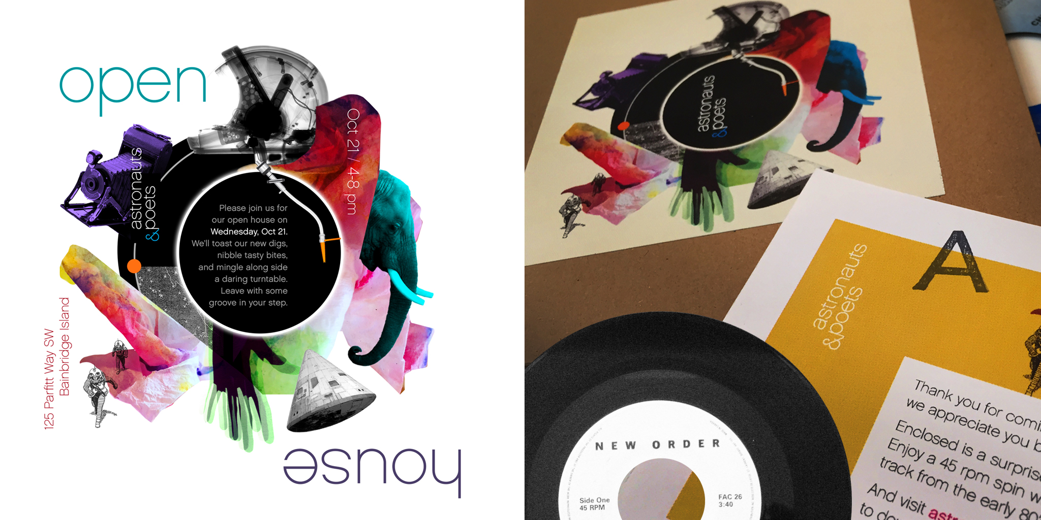 INVITATION / MEMENTO Astronauts & Poets Celebrating our 2 year anniversary, we created a dynamic illustration and invitation piece for our Open House. Clients, colleagues and friends left with a custom limited edition package housing a random and secret 45rpm piece of vinyl. The evening was filled with great eats, drinks and conversation.