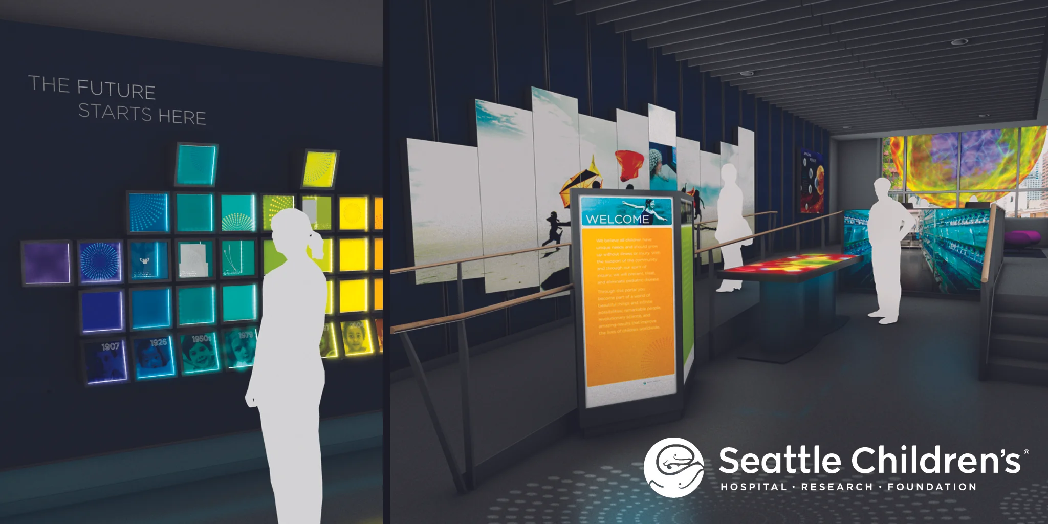  EXHIBIT  Seattle Children's Research Institute  As a leader in children's medical research, this private donor space for SCRI provided an abbreviated yet compelling glimpse into their achievements and future forward thinking. The exhibit includes va