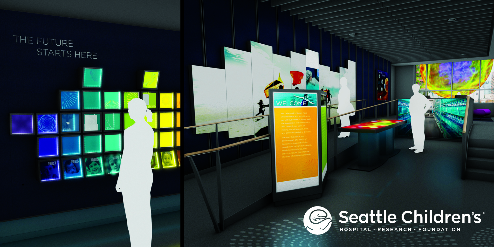 EXHIBIT Seattle Children's Research Institute As a leader in children's medical research, this private donor space for SCRI provided an abbreviated yet compelling glimpse into their achievements and future forward thinking. The exhibit includes various touch points throughout the room leading prospective donors to a fully interactive presentation in custom lounge. This project was a collaboration through Weatherhead Design Experience along with our colleagues at Kite & Nail.