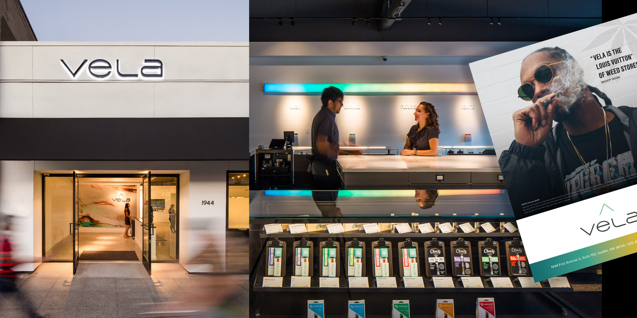 IDENTITY, INTERIOR & INSTALLATION Vela Cannabis Redefining the cannabis experience was Vela's mission when they created a retail environment that combines the best in curated cannabis, thorough educational insight and first hand viewing of the cannabis process from plant to product. The identity needed to deliver a sophisticated elegance that was rich in tone but friendly and inviting. A centerpiece of the showroom is the Vela Spectrum—a light box installation that charts the customer's desired mood of cannabis before being led to the corresponding product. This project was a collaboration with Jean-Marie Shields and Digital Mullet.