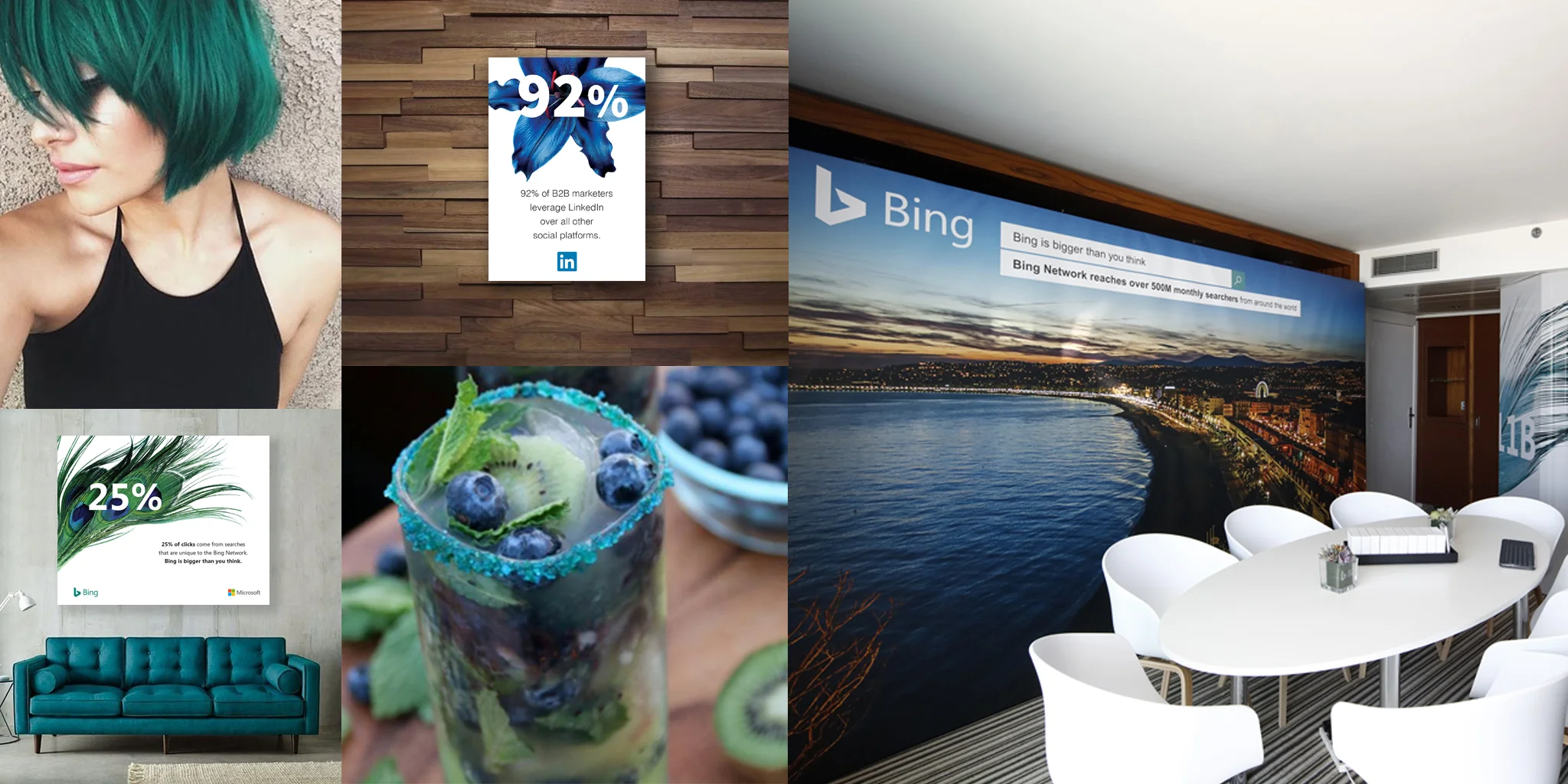  EVENT  Linked + Bing / Microsoft, Cannes-Lions&nbsp;  At the annual Cannes-Lions event in France, Bing and LinkedIn needed a branded experience for their lounge and suite to share business solutions with partners. We used native imagery of the regio